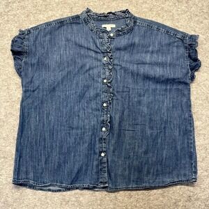 Free Assembly Shirt Blouse Women's XL Blue Ruffle Trim Button Front Cap Sleeve